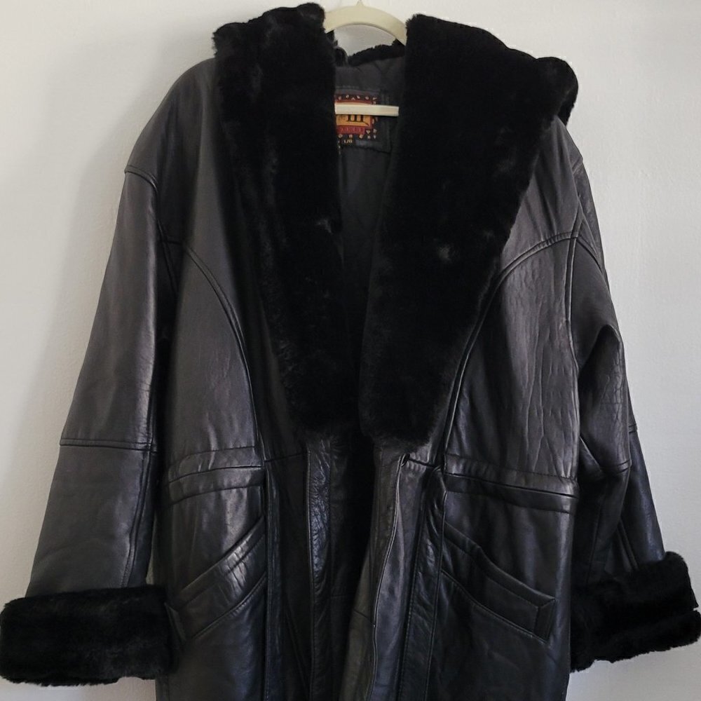 Rare Vintage Genuine Leather Fur Black Belted Hood Coat Jacket Women Size L - Picture 7 of 14